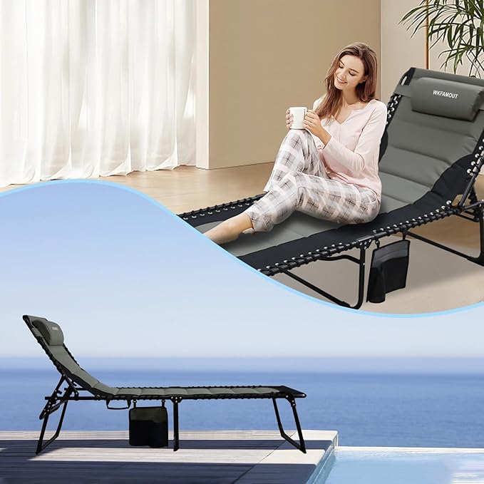 Oversized Padded Outdoor Folding Lounge Chair for Adults 330Ibs Patio Chaise Lounge Chair for Outside 5-Position Adjustable Reclining Beach Chair with Pillow Pocket