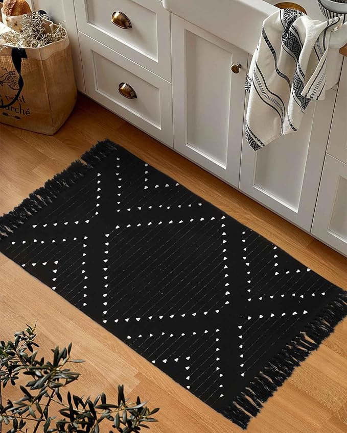 LIVEBOX Boho Black Bathroom Rug 2x3 Bath Mat, Washable Small Cotton Woven Throw Rugs, Moroccan Area Carpet with Tassel for Kitchen Sink Front Door Entryway
