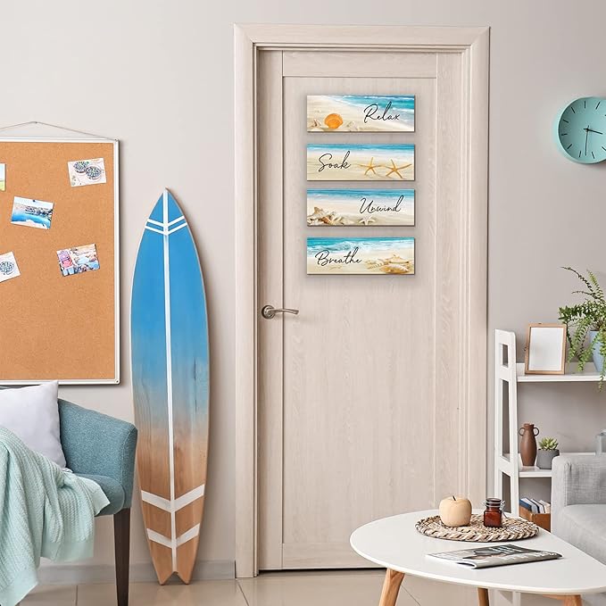 ZINYAZHE 4 Pieces Beach Bathroom Decor Ocean Beach Wall Decors Relax Soak Unwind Breathe Blue Wall Art Wooden Seashell Sea Beach Decorations for Bathroom Living Room Laundry Spa Washroom(12x3.5 Inch)