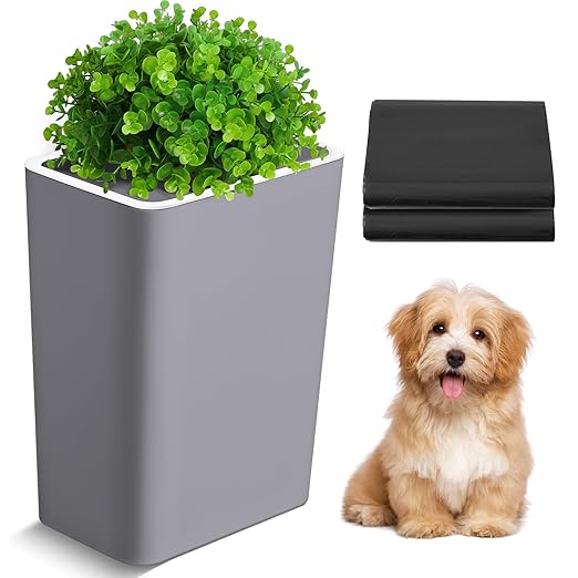 Dog Poop Trash Can Outside 3.96 Gal/15 L Plant Styled Dog Waste Trash Can with Lid 50 Pcs Plastic Waste Bags Outdoor Indoor Poop Container Slim Garbage Bin for Yard Garden Pet (Gray)