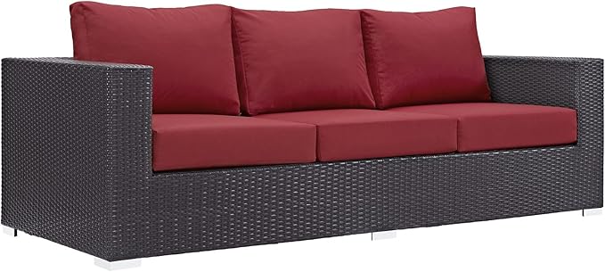 Modway Convene Wicker Rattan Outdoor Patio Sofa with Cushions in Espresso Red