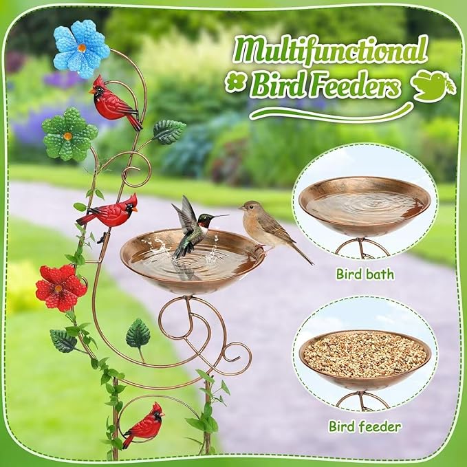 Bird Baths with Trellis for Climbing Plants Outdoor, Small Garden Plant Trellis, Metal Birdbath Birdfeeder Bird Water Feeder with Iron Bowl, Antique Plant Support Structures (Redbird)