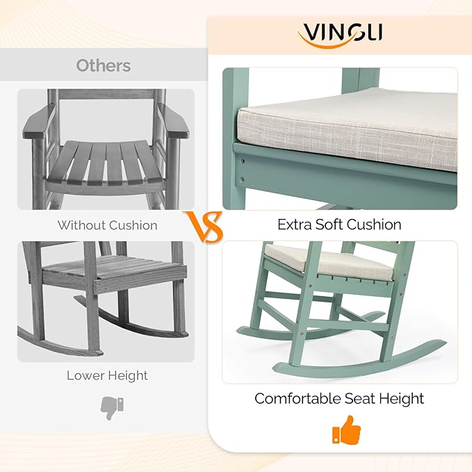 VINGLI Outdoor Rocking Chair, Heavy Duty 450 lbs Poplar Wooden Rocking Chair with High Backrest Design, Come with a Cushion, All-Weather Lounge Rocker Support for Garden, Deck (Mine Green)
