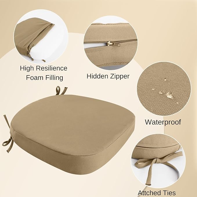 idee-home Outdoor Chair Cushions Set of 4, 19" x 19" x 2" Thick D-Shaped Patio Furniture Outdoor Seat Cushions Waterproof with Ties, Dining Pads