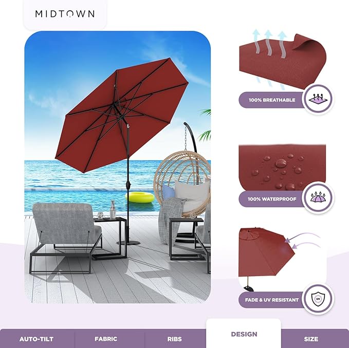 Midtown Umbrellas - 10-Year-No-Fade 10 Ft Patio Umbrella with Terylast Fabric, Auto-Tilt Aluminum Frame and 8 Reinforced Ribs for Deck, Pool, Garden & Beach - Cherry Burgundy Canopy, Black Pole