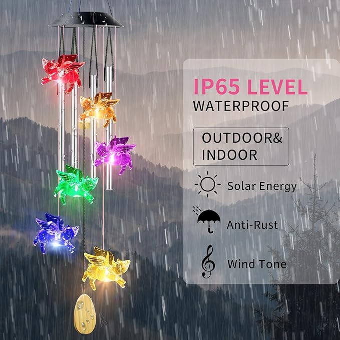Pig Solar Wind Chimes with 4 Music Aluminum Tubes, 7 Colors Changing Outdoor Waterproof Flying Pig LED Wind Bell, Patio Garden Yard Decor(Gifts for Dad,Mom, Women, Gardening Gifts)