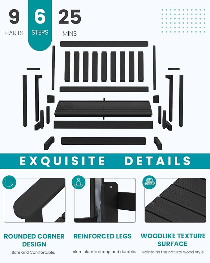 SERWALL Outdoor Glider Bench Set of 4, HDPE Weather-Resistant Swinging Bench for Backyard Garden Porch, Black