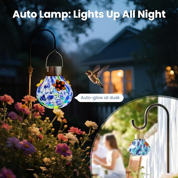 Hummingbird Feeder with Solar Light, Glass Hummingbird Feeder for Outdoors, Auto-Lighting Solar Light for Garden Decor, 3 Ports Attract More Birds, Waterproof Lamp, Ideal Gift, Blue