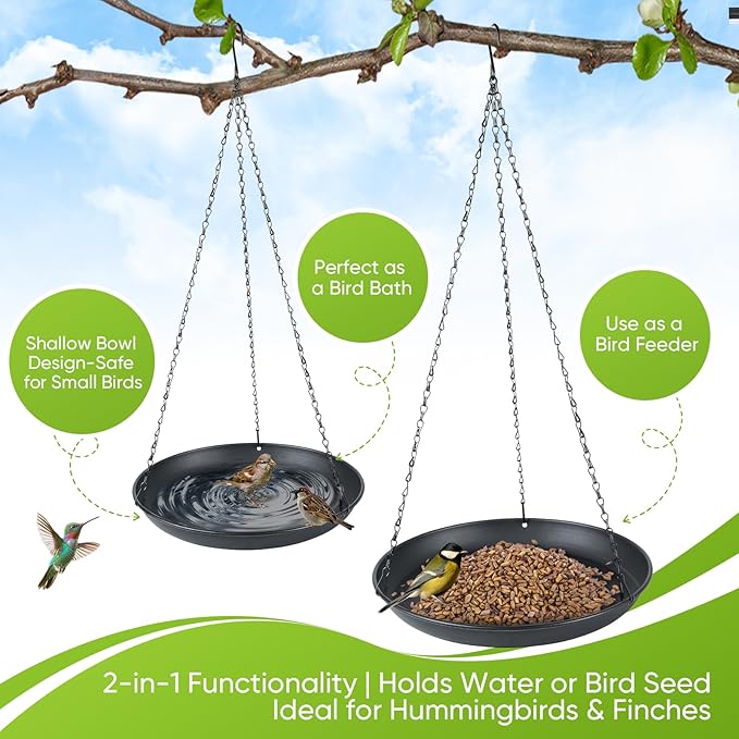 2-Pack Hanging Bird Bath, Outdoor Metal Birdbath with Shallow Feeder Bowl for Wild Birds, Garden, Patio, Deck & Yard, 2 Size (9.8"/11.8" Diameter) (9.8IN-2PACK)