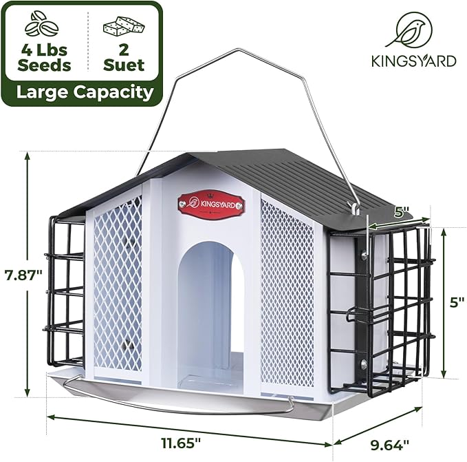 Kingsyard Large Metal Bird Feeders for Outdoors Hanging with Weatherproof Roof, 4 in 1 Removable Double Suet Feeder for Woodpecker, 4 Lbs Capacity for Cardinal Finch Chickadee, White