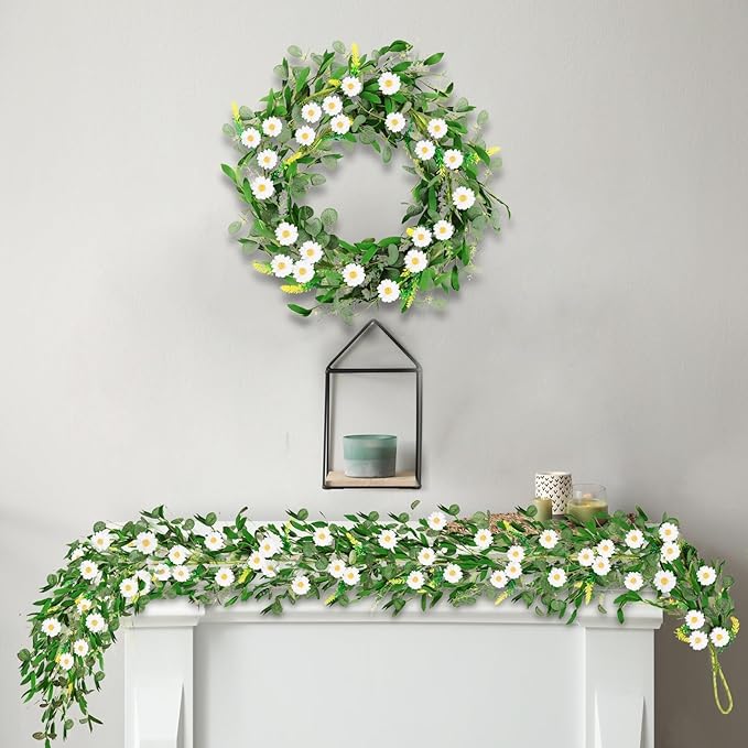 6 Ft White Flower Garland Artificial Summer Spring Faux Daisy Wildflower Floral Garland Spring Wreath for Wedding Arch Porch Stair Table Indoor Door Home All Year Decoration