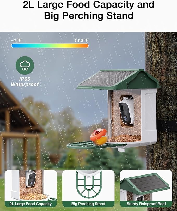 Bird Feeder with Camera Solar Powered-2K Live Feed, Smart AI Identify Birds, 2L Food Capacity, Auto Captured Bird Video, Real-time Arrived Alerts, Mini Hummingbird Feeder for Outdoor Backyard