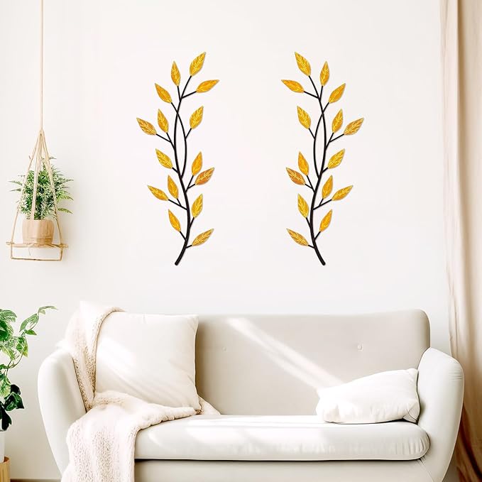 LWHZHE 2 Pieces Vintage Tree Leaf Wall Art Vine Metal Bathroom Wall Decor Olive Branch Wall Decor Living Room Tree Wall Art for Outdoor Hallway Kitchen Garden (Yellow)