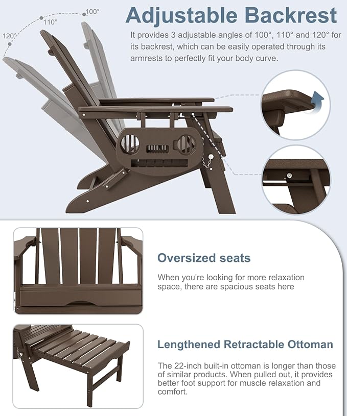 Adjustable Adirondack Chair with Retractable Ottoman Set of 6, HDPE Folding Adirondack Chair with Cup Holder, All Weather Fire Pit Chair for Outdoor.