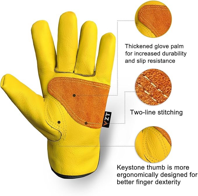 2 Pairs Leather Work Gloves for Men or Women, Non-fading Cowhide, for GardeningConstruction, Welding, Yardwork, driver