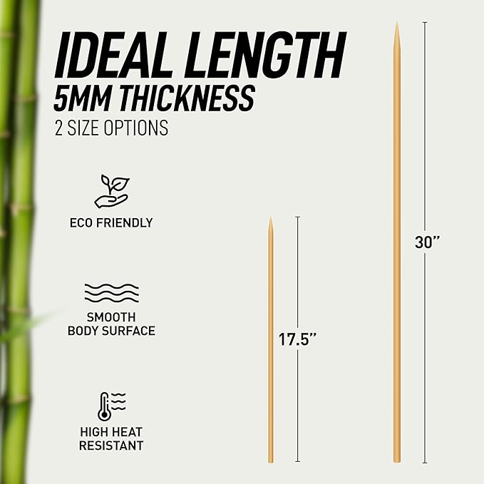 Zulay Kitchen 100 Pack Bamboo Wooden Skewers - 17.5" Marshmallow Roasting Sticks & Barbeque Skewers For Campfire - Authentic Bamboo Sticks & Smores Sticks For Grilling Hotdogs, Kabobs, BBQ, & More