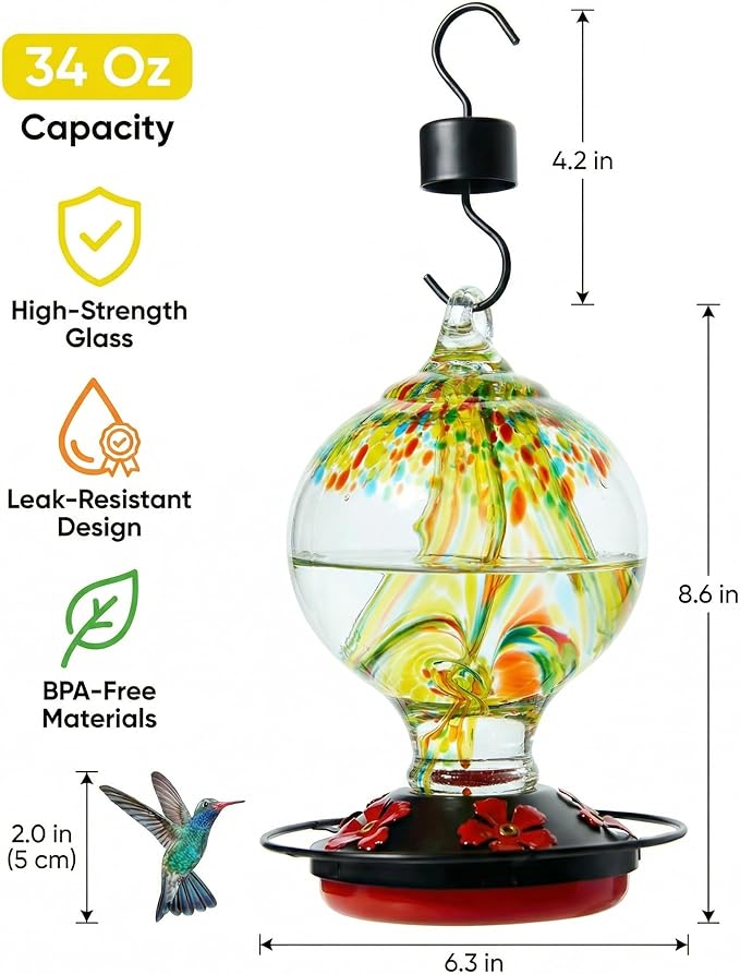 Hummingbird Feeder for Outdoors Hanging, 34 Oz, Handcrafted Gift Inner Glass Décor for Bird Garden Lover, Ant Moat & Bee-Resistant Ports, Hook & Brush Included, Golden Meadow