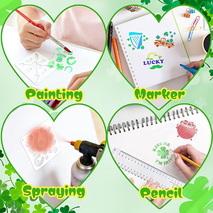 72 Pcs St Patricks Day Stencils for Painting Set, Reusable Shamrock Leaf Hat Beer Mugs Painting Templates - Stencil Crafts Drawing Templates for DIY Scrapbook, Home Wall Murals, Canvas Wood Signs