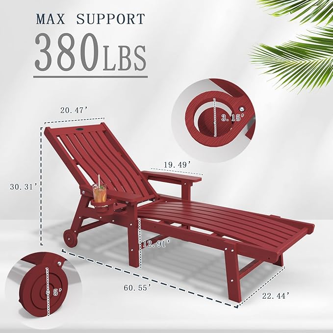 Patio Chaise Lounge Chair, Oversized Lounge Chair Outdoor with 5 Positions, HDPE, Patio Lounge Chair with Wheels & Cup Holder for Pool, Deck, Poolside,Red