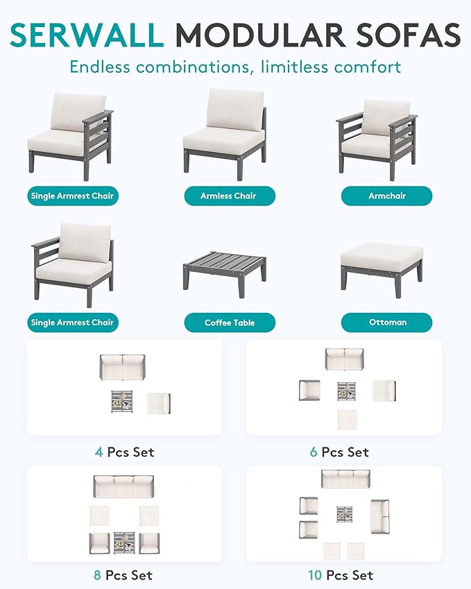 SERWALL HDPE Patio Furniture Set, 6 Pieces Outdoor Sectional Sofa Set, All-Weather Wood-Like Outdoor Sofa Couch with Coffee Table for Deck, Lawn, Grey Frame with Khaki Cushion