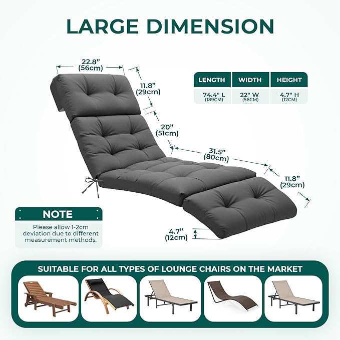 Outdoor Chaise Lounge Chair Cushion 74.4 x 22 x 4.7 Inches Non-Slip Lounge Chair Cushions for Outdoor Furniture with Ties, Patio Recliner Thickened Lounge Cushions for Indoor, Grey