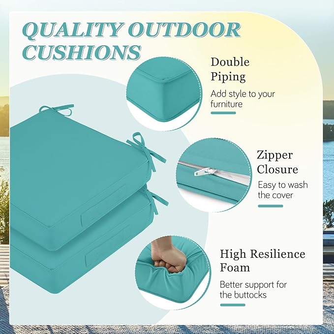 Waterproof Outdoor Chair Cushions Set of 2, Square Outdoor Seat Cushions with Ties and Removable Covers, 22 x 22 Outdoor Cushions for Patio Furniture with Portable Handle(Teal)