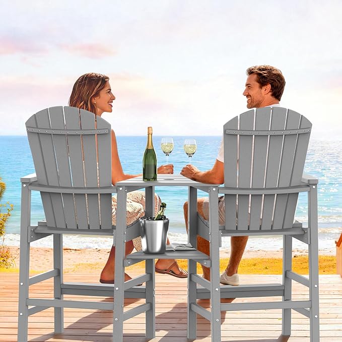 VINGLI Tall Adirondack Chairs Set of 2, All Weather HDPE Bar Height Adirondack Chair with Double Trays, Adirondack Barstools for Balcony, Poolside, Backyard and Patio (Grey)