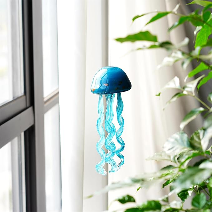 Handblown Art Glass Jellyfish Wind Chime,Glass Jellyfish Hanging Sun Catcher Wind Chime,Wind Chimes for Outside,Sea Glass Blown Wind Chimes for Beach Party,Wedding Decor(Aqua Blue)
