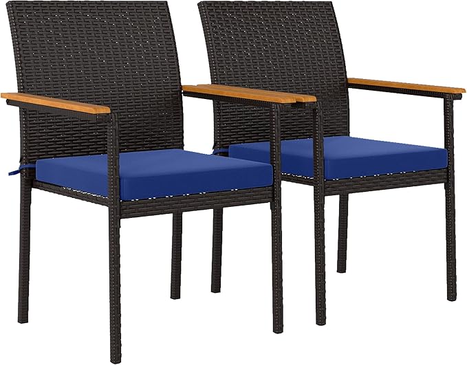 Outsunny Wicker Outdoor Dining Chairs Set of 2, Stackable PE Rattan Patio Dining Chairs with Cushions and Acacia Wood Armrests for Deck, Garden, 353 LBS Capacity, Navy Blue