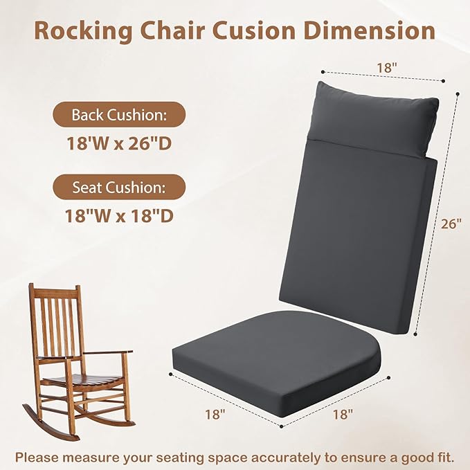 Waterproof Rocking Chair Cushions Outdoor & Indoor, Wooden Rocking Chair Pads set of 2, Non-Slip Large Glider Rocker Replacement Cushions with Pillow & Ties,Seat & Back Cushion for Rocker Grey