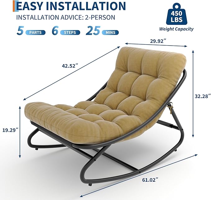 PeakPursuit Indoor Outdoor Papasan Rocking Chair with Cushion, Oversized Outdoor Rocking Chair, All Weather Rocking Papasan Chair for Bedroom/Living Room/Porch/Garden/Patio