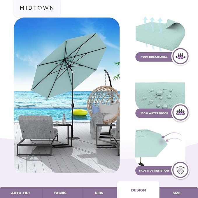 Midtown Umbrellas - 10-Year-No-Fade 6 Ft Patio Umbrella with Terylast Fabric, Auto-Tilt Aluminum Frame and 8 Reinforced Ribs for Deck, Pool, Garden & Beach - Aqua Canopy, Black Pole