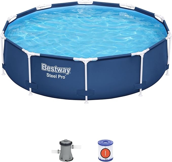 Bestway Steel Pro 10 Foot x 30 Inch Round Framed Above Ground Outdoor Backyard Swimming Pool Set with 330 GPH Filter Pump, Blue