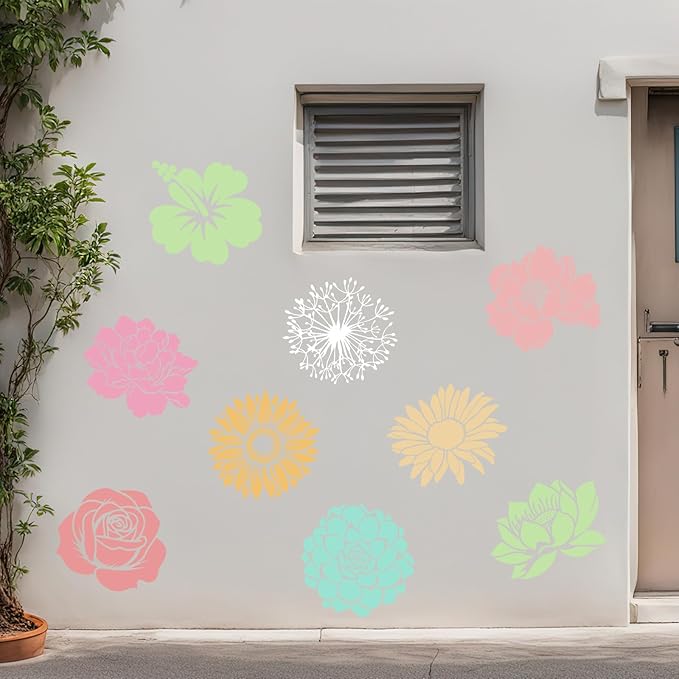 9 Pcs Large Flower Stencils for Painting Reusable Floral Crafts Stencils Set for DIY Drawing, Walls, Wood Signs, Window, Garden Fence Furniture