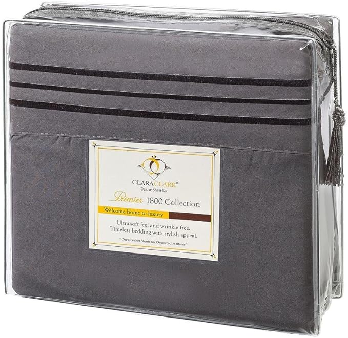 Clara Clark Bed Sheets, Premier 1800 Series 4 Piece Bed Sheet Set, Deep Pocket, Wrinkle, Fade, Stain Resistant, Luxury Soft Bedding Sheets & Pillowcases, Twin-XL, Charcoal Gray