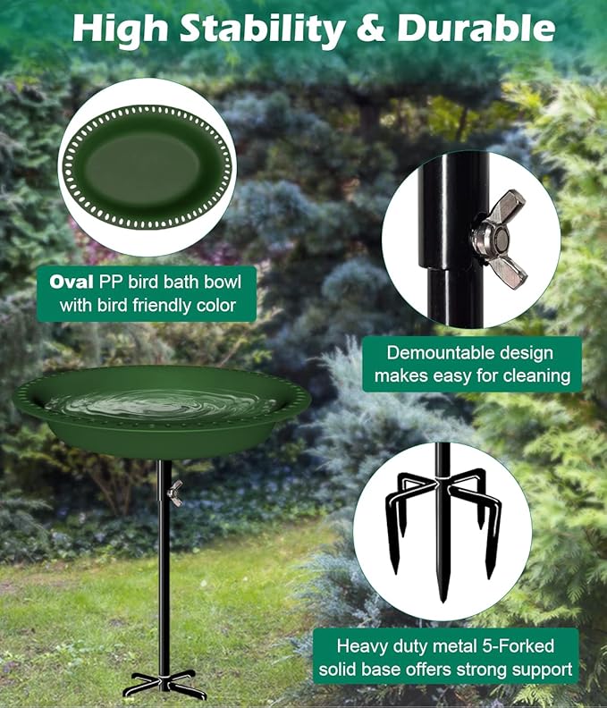 29 Inch Height Detachable Bird Bath with Metal Stake Stand, Oval Shape Birdbath Bowl Spa & Birdfeeder with 5-Prong Base for Outdoor Garden, Green