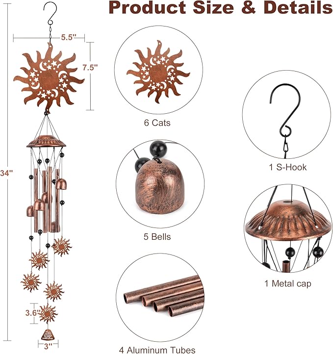Sun Wind Chimes for Outdoor,Cat Gifts for Women/Men/Sympathy Gift/Memorial/Festival Birthday Gifts Metal windchimes Outside/Indoors,Patio,Garden,Yard Decor,Home,Porch Decoration