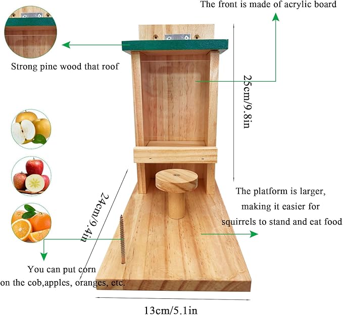 Wooden Squirrel Feeder, Squirrel Feeders for Outside with Corn Cob Holder and Round Stool, Wood Waterproof Picnic Table Funny Chipmunk House Nuts Bar for Backyard Garden Outdoor