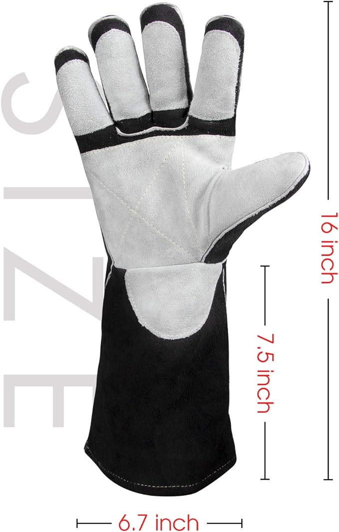 YESWELDER 16 Inches,932℉,Leather Forge MIG Welding Gloves, with Kevlar Stitching Heat/Fire Resistant, Palm Reinforcements, Black-Gray