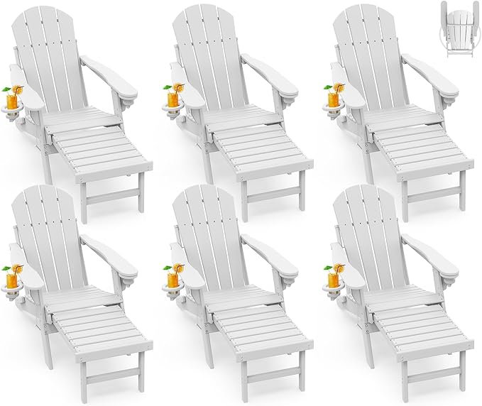 GREENVINES Adirondack-Chairs-with-Ottoman | Set of 6 | Folding | Retractable-Footrest | HDPE Plastic | All Weather Fire Pit Chair | Cup Holders | White | for Outdoor Poolside