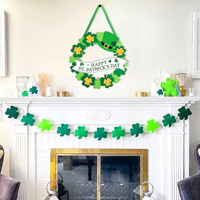Wooden St Patricks Day Wreaths for Front Door Decoration Shamrock Door Sign Wall Signs Clover Spring Decoration, Irish Sign Welcome Hanging for Home Decor Party Outdoor Indoor Supply 3D Glitter