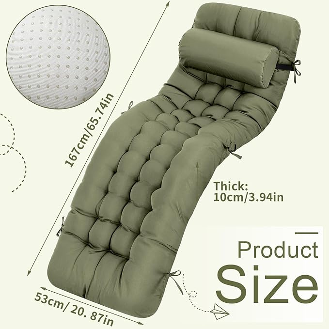 Tudomro 2 Pcs Olive Green 66'' Outdoor Chaise Lounge Cushion Waterproof Patio Lawn Pool Chaise Lounge Cushion with Headrest Pillow & Ties Weather Fade Resistant Replacement Longue Chair Pad