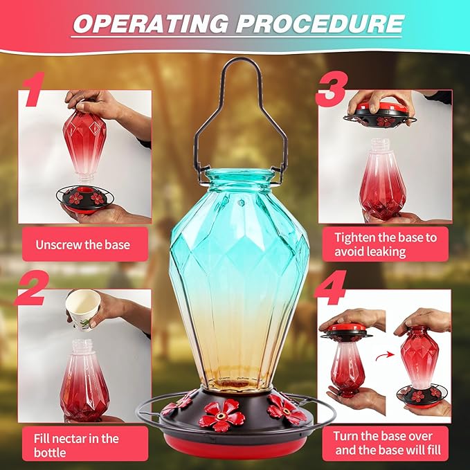 Glass Hummingbird Feeder for Outdoors Hanging, 25Oz Humming Bird Nectar Feeder, Perch, 5 Flower Feeding Ports, Leak Proof Base, Hook for Outside Garden Backyard, Gift for Women, Diamond Green
