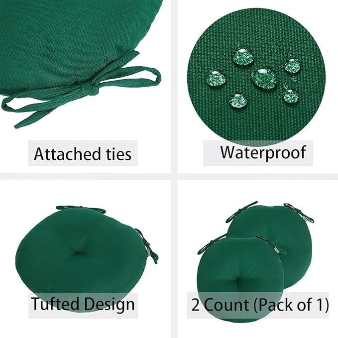 Bistro Chair Cushions 15 inch,Set of 2,Tufted Round Chair Cushions with Ties,15"x15"x4",Water Resistant Round Seat Cushion for Barstool Chairs,Patio Garden Kitchen Outdoor Furniture(Blackish Green)