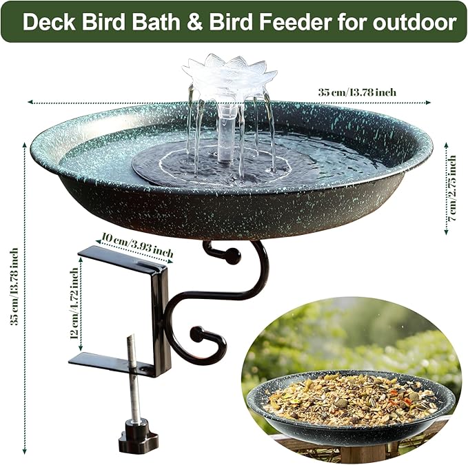 Deck Mounted Bird Bath,Dual Purpose Hummingbird Bath and Bird Feeder for Outside,Solar Bird Bath Fountains Combo Set for Balcony Railing Garden, for Backyard Birding & Wildlife,Copper Green