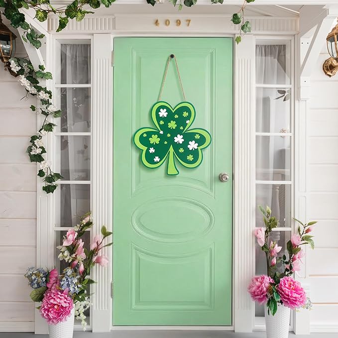 BreezeHug 3 Pcs St. Patrick's Day Door Sign, Shamrock Wooden Door Wreath for Front Doors Irish Shamrock Hanging Decoration Lucky Ornament Spring Wood Clover for Wall Home Outdoor Holiday Party Decor