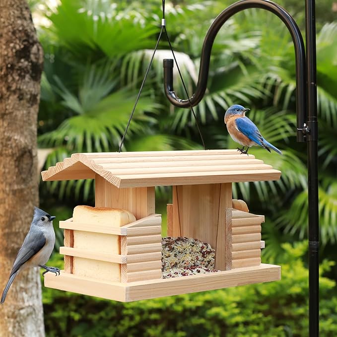 Double Suet Cake Bird Feeder, Wooden Hanging Platform with Windows, Outdoor Wild Bird Mealworm Feeder