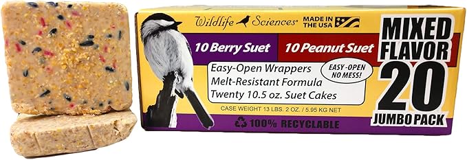 Wildlife Sciences Suet Cake Jumbo Mixed (Pack of 20) | 10 Peanut & 10 Berry 10.5 oz. Suet Cakes for Wild Birds
