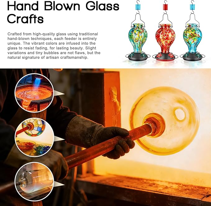 Hand Blown Glass Hummingbird Feeders for Outdoors Hanging, 24oz Wild Bird Nectar Feeder with Ant Moat and Perch, Bee-Resistant Ports, Garden Decor, Gifts for Women Mom, 1 Pack, Blue Fireworks