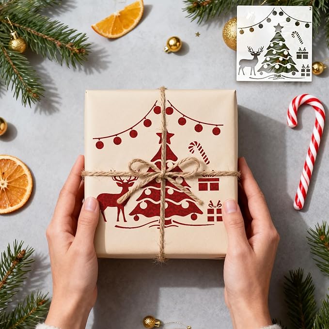 12Pc Christmas Stencils for Painting On Wood, Christmas Stencils for Crafts Reusable, Xmas Decorations Drawing DIY Art Craft Home Decor Wall, Windows, Deer Snowflakes Pinecones Decor(Christmas A)